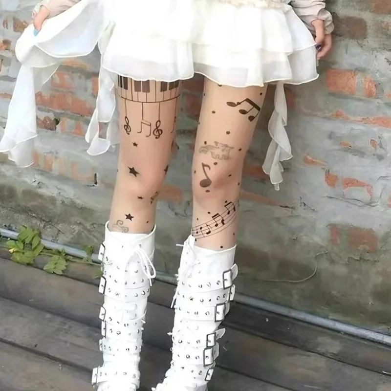 Women Thin Stretchy Stockings Y2K Sweet Music Notes Pantyhosen Sheer Black Tight Cute Lolita Leggings Punk Style Fashion Hosiery