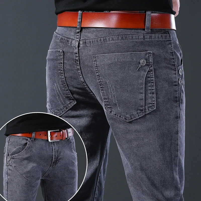 Autumn New Fashion Jeans Men Korean Style Straight Grey Middle  Waist Pants Male Casual Denim Trousers