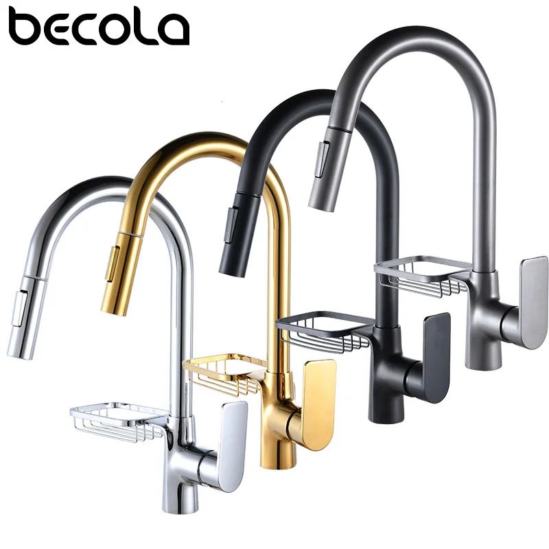 Becola Preto Torneira Da Cozinha Duas Funções Único Punho Pull Out Mixer Torneiras Torneira Pulverizador Fluxo Rotação Pia Tap