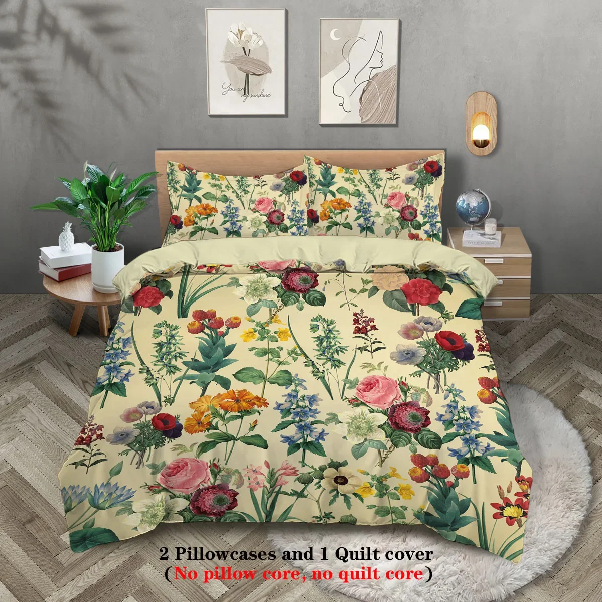 3pcs retro floral pattern printed bedding set, suitable for women bedroom, queen, king, twin bed, 1*duvet cover+2*pillowcase