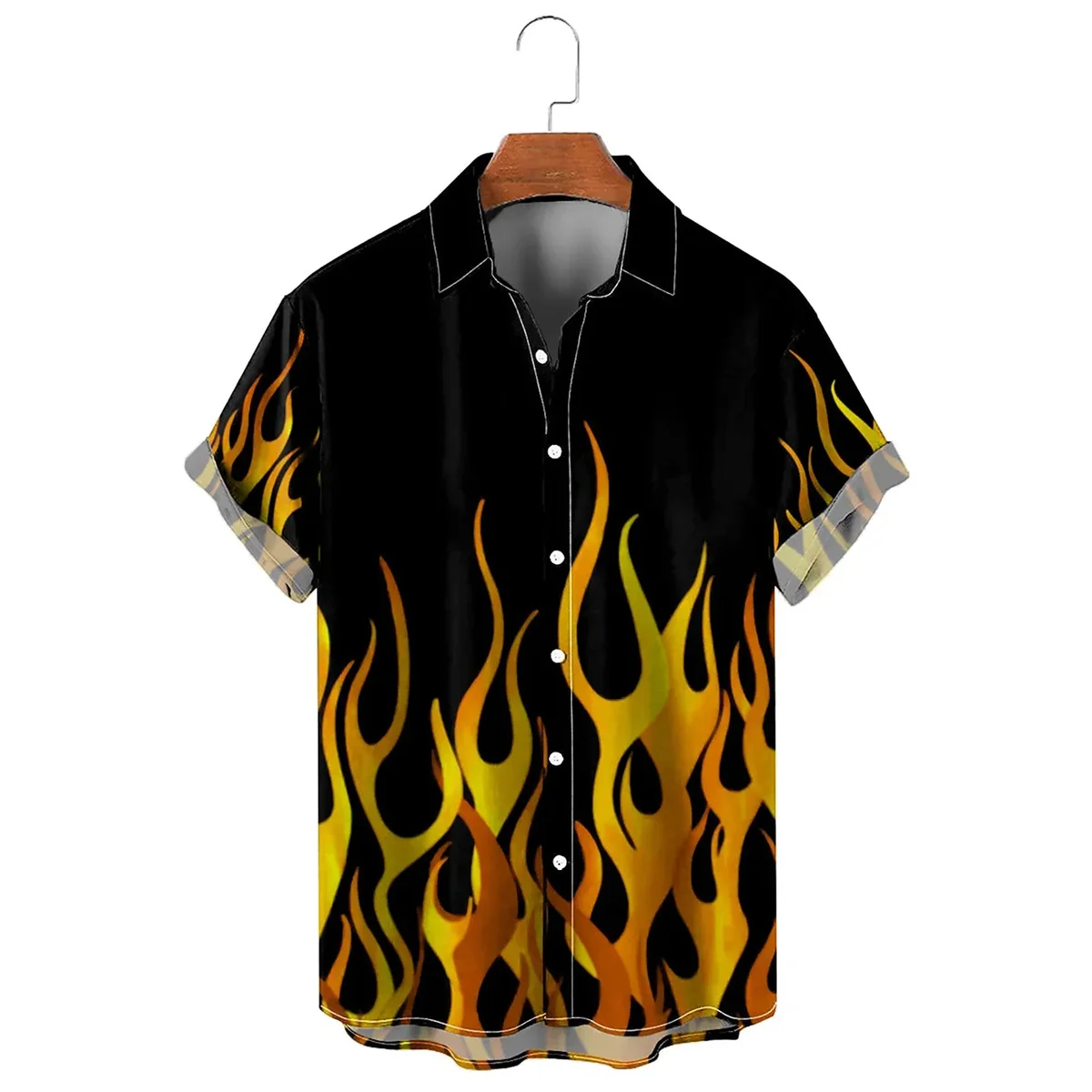 Men's shirt summer flame high-definition pattern 3D printing lapel button up shirt tiki series Hawaiian short sleeved shirt 3