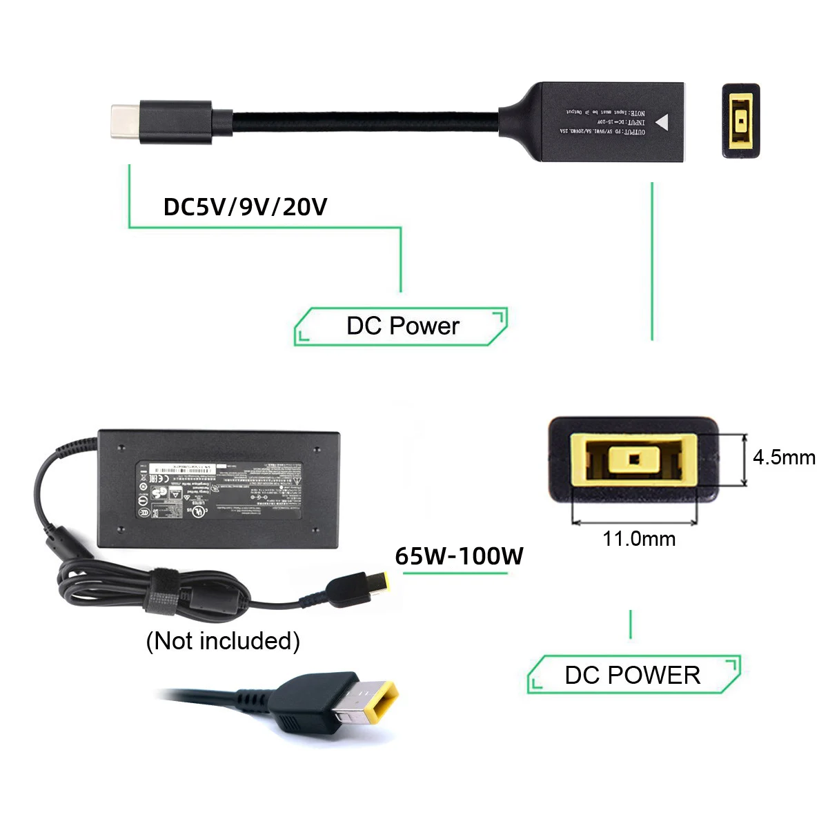 Square Jack to USB Type-C Converter PD65W Charging Cable Compatible with Lenovo Power Adapter for Laptops Mobile Phones Tablets laptop power adapter