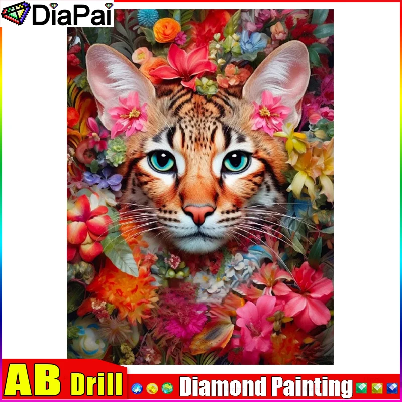 

DIAPAI AB Diamond Painting Full Square/Round Diamond "Cat Animal Flower" Pattern Embroidery Cross Stitch 5D Rhinestone Painting