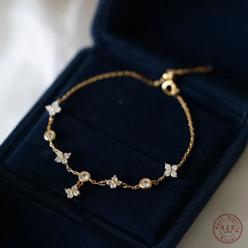 

925 Sterling Silver Inlaid Zircon Delicate Flower Ornament Bracelet for Women Girl Korean Temperament High Quality Jewelry Gift