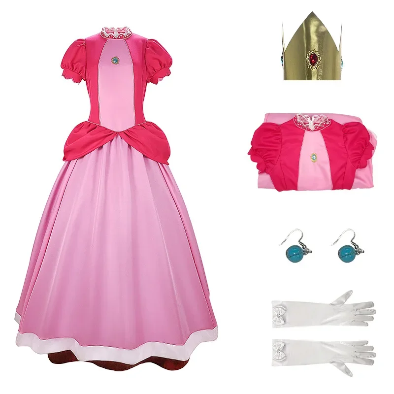 Women's Princess Peach Cosplay Costume - Pink Long Dress With Crown, Petticoat, And Gloves