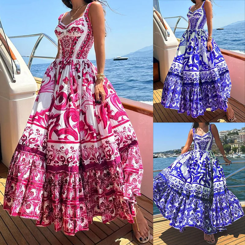

FD1460 2024 New Women's Fashion Elegance Printed Strap Sleeveless Waist Wrap Dress