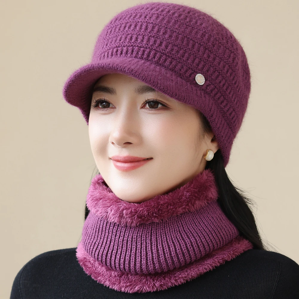 New Women Winter Hat Fashion Warm Set Plush Fur Lined Warm Hats For Female Casual Rabbit Fur Winter Outdoor Knitted Cap Suit