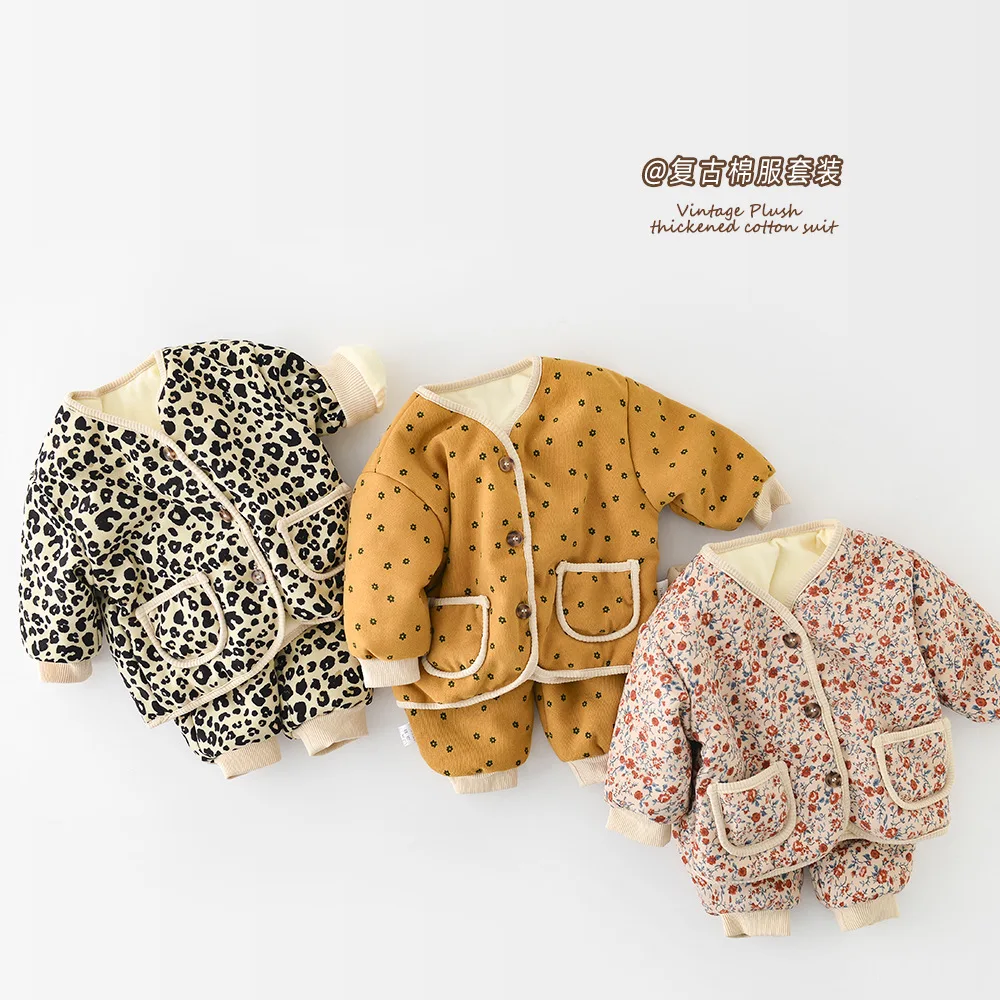 Autumn Winter Children Girls Clothes Set Cotton Thick Floral Border Jogger Pants Suit Long Sleeve Single Breasted Outfit