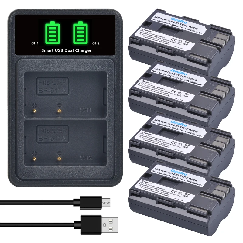 Durapro 1800Mah Bp-511 Bp 511 511A Bateria Bp511 Bp511A Batteria + Led Usb Doppio Caricatore Per Canon Eos 40D 300D 5D 20D 30D 50D