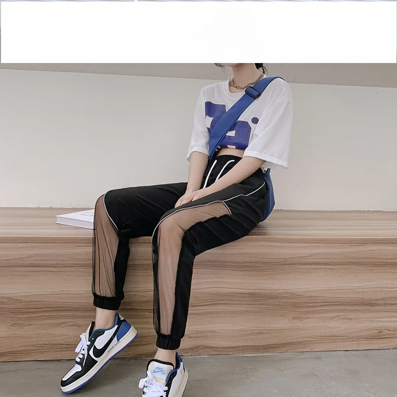 Spring Autumn Women's Summer Elastic High Waist Solid Drawstring Pockets Mesh Casual Sports Tied Lantern Trousers Vintage Pants