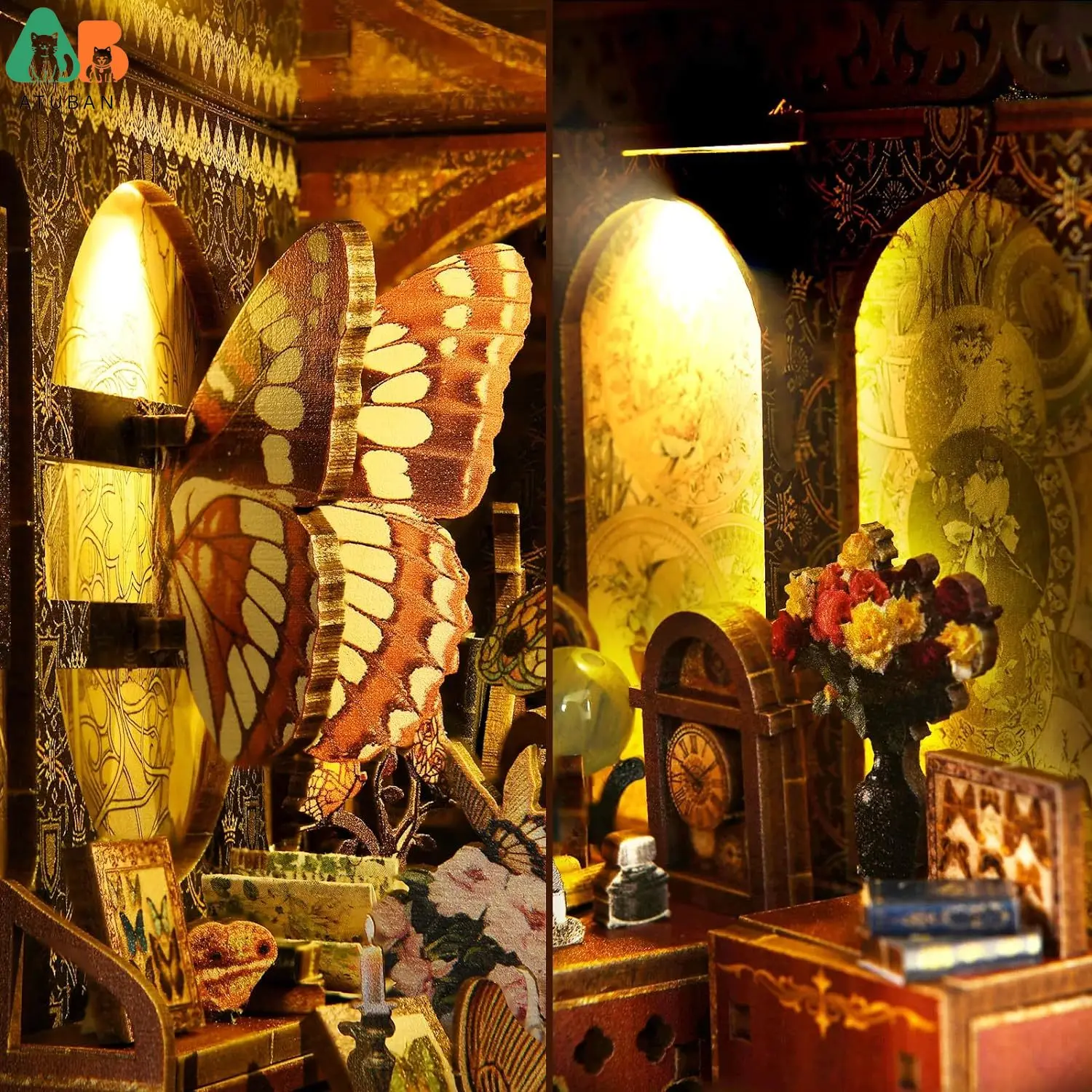ATUBAN DIY 책 구석 키트, 3D 나무 퍼즐 미니어처 인형의 집, 북엔드 책장 삽입 장식, LED 조명