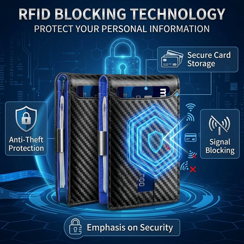 Slim Carbon Fiber RFID-Blocking Minimalist Wallet with Metal Money Clip