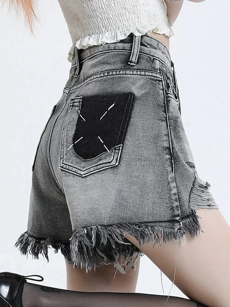 American Classic High Waist Chicly Split Female Jean Shorts Summer Irregular Fashion Hollow Out Sexy Casual Simple Womens Shorts