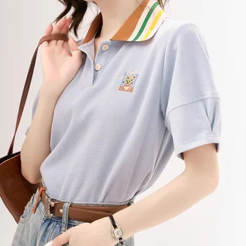 MISHOW 프렌치 자수 폴로 티셔츠 여성용, 다채로운 목, 캐주얼 단색 상의, 오피스 레이디, 2023 여름, 한국 MXC38T0107