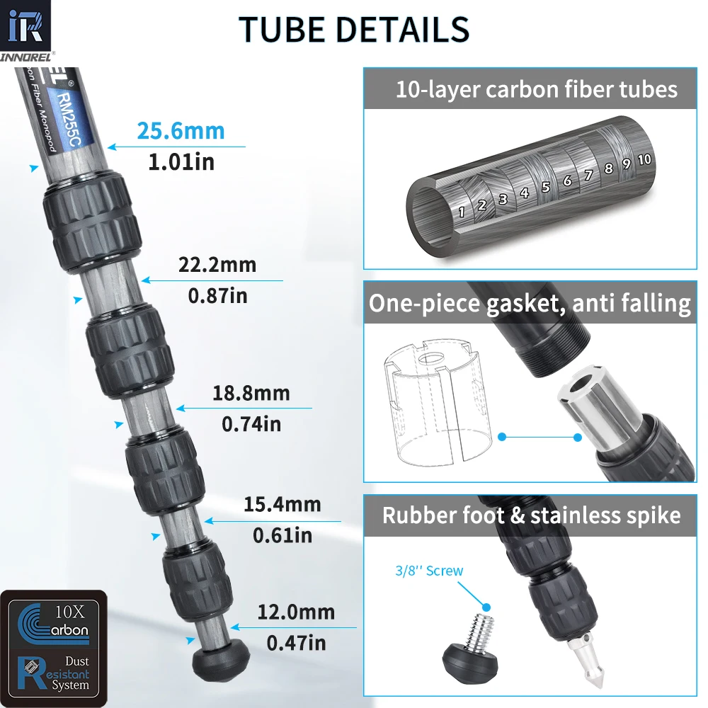 INNOREL RM255C 캐논 니콘 DSLR 카메라 비디오 캠코더용 전문 카본 파이버 모노포드 5단 사진 브래킷