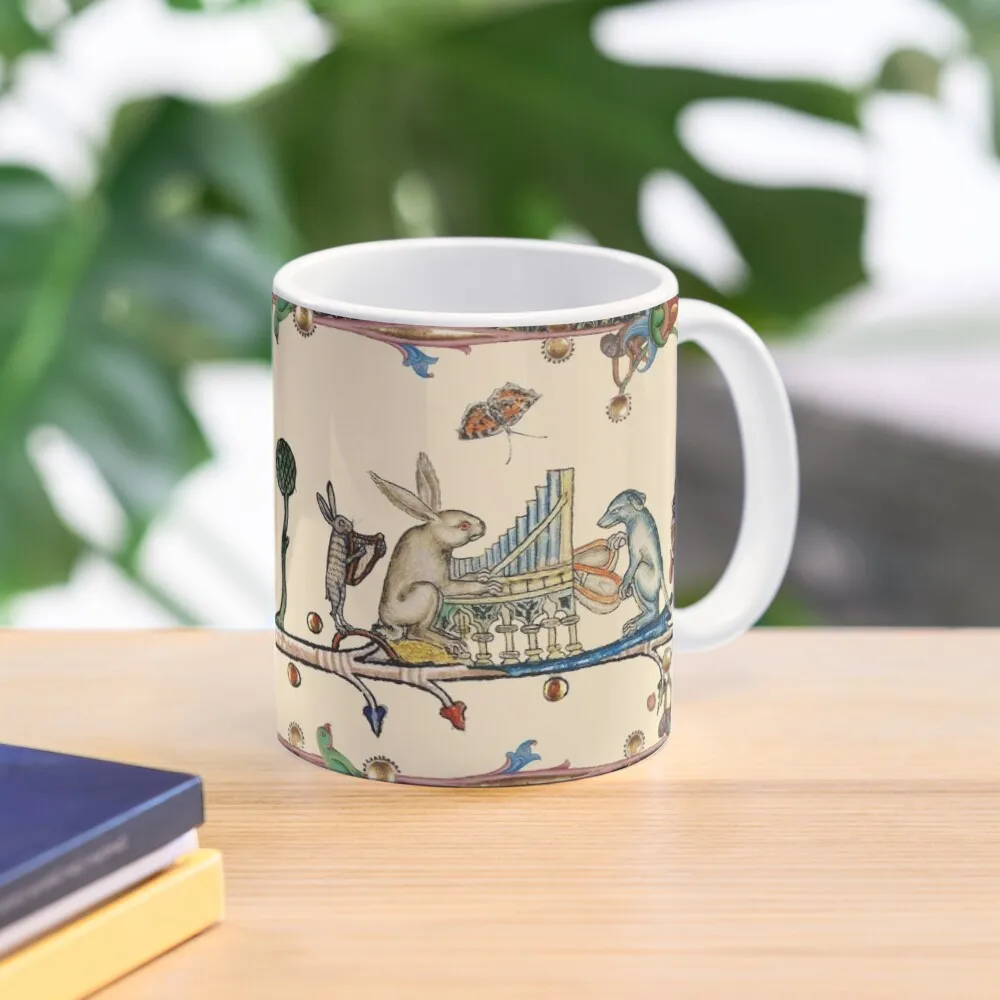 

WEIRD MEDIEVAL BESTIARY MAKING MUSIC,White Rabbit And Dog Playing Organ, Harpist Hare, Snail Cat Coffee Mug Mixer Funnys Mug