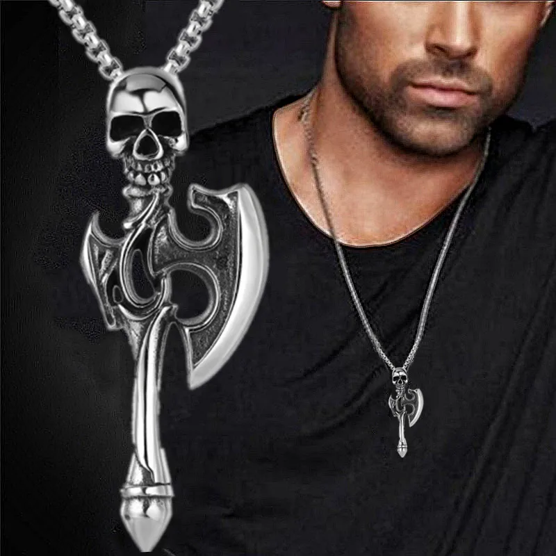 FashionMenSkullTomahawkNecklaceStainlessSteelPunkPendantHip