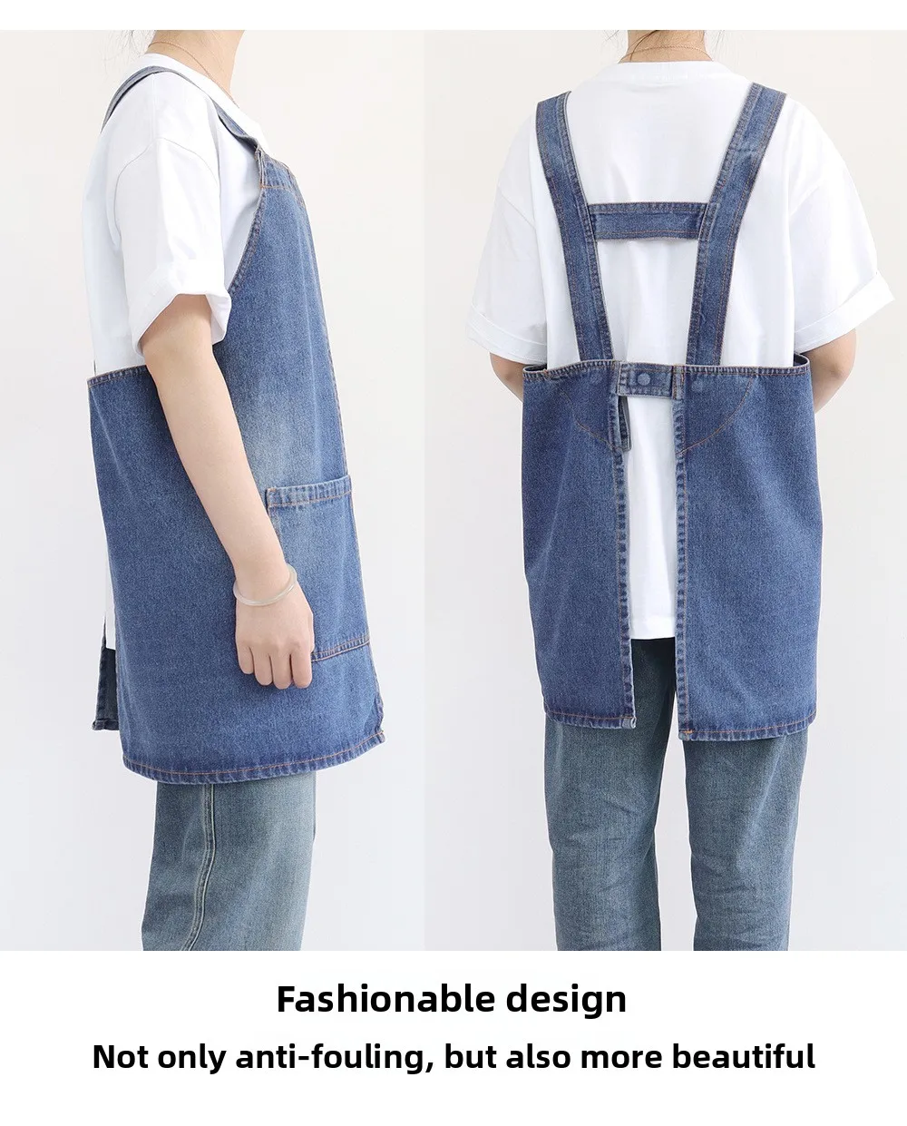 Maßgeschneiderte Schürze aus gewaschenem Denim mit verstellbaren Taillengurten für Heim- und Café-Arbeitskleidung, verstellbare Taille, Café-Schürze – Detail 4