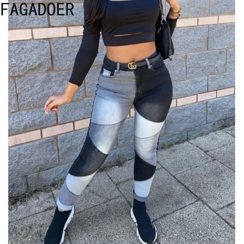 

FAGADOER Fashion Color Splicing Skinny Denim Pants Women High Waisted Button Jean Trousers Casual Female Cowboy Pencil Bottoms