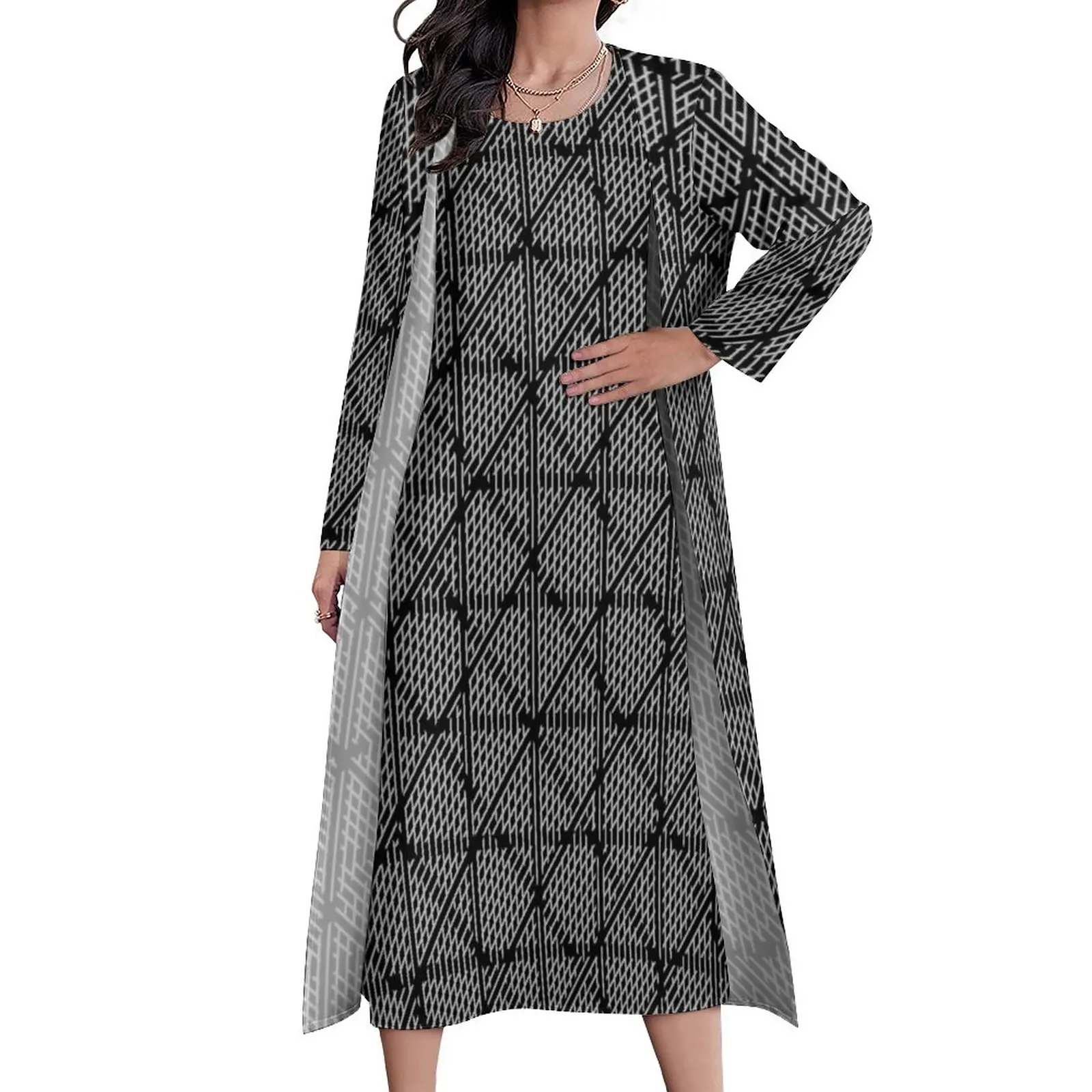 

Vintage Nordic Lines Dress Black And White Print Trendy Maxi Dress Two Piece Casual Long Dresses Street Style Oversize Vestidos