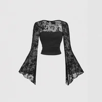 Design Sensation Lace Splicing Long Sleeve Mesh T-Shirt Sexy Elegant Style Full Sleeve Square Collar Polyester Fiber Top