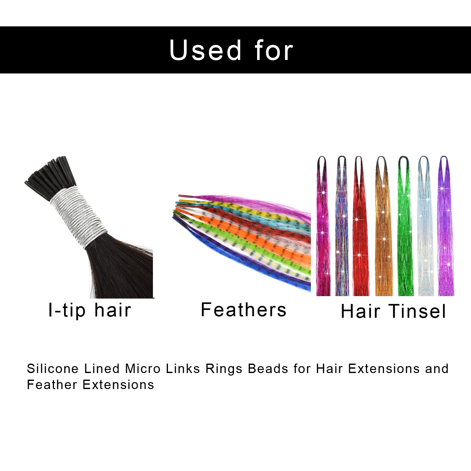 200개/병 실리콘 마이크로 링크 비즈 헤어 익스텐션 링크 링 블랙 5.0X3.0X3.0cm