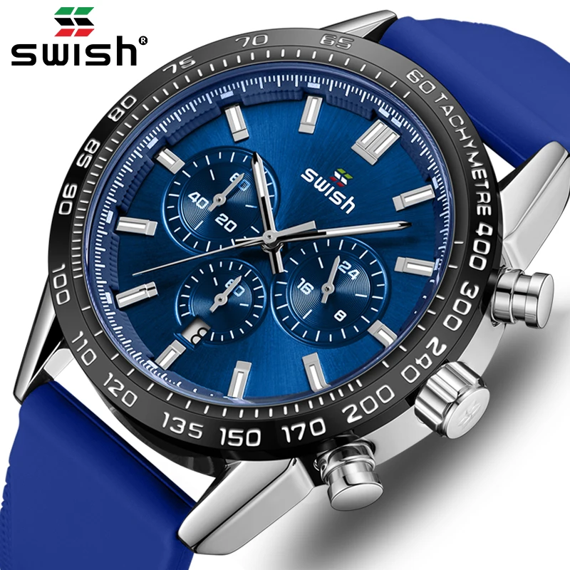 Swish Brand Relogio Luxury Sport Quartz Men Watch Chronograph Green Blue Wristwatch Calendar Black Fixed Bezel Rubber Three-eye