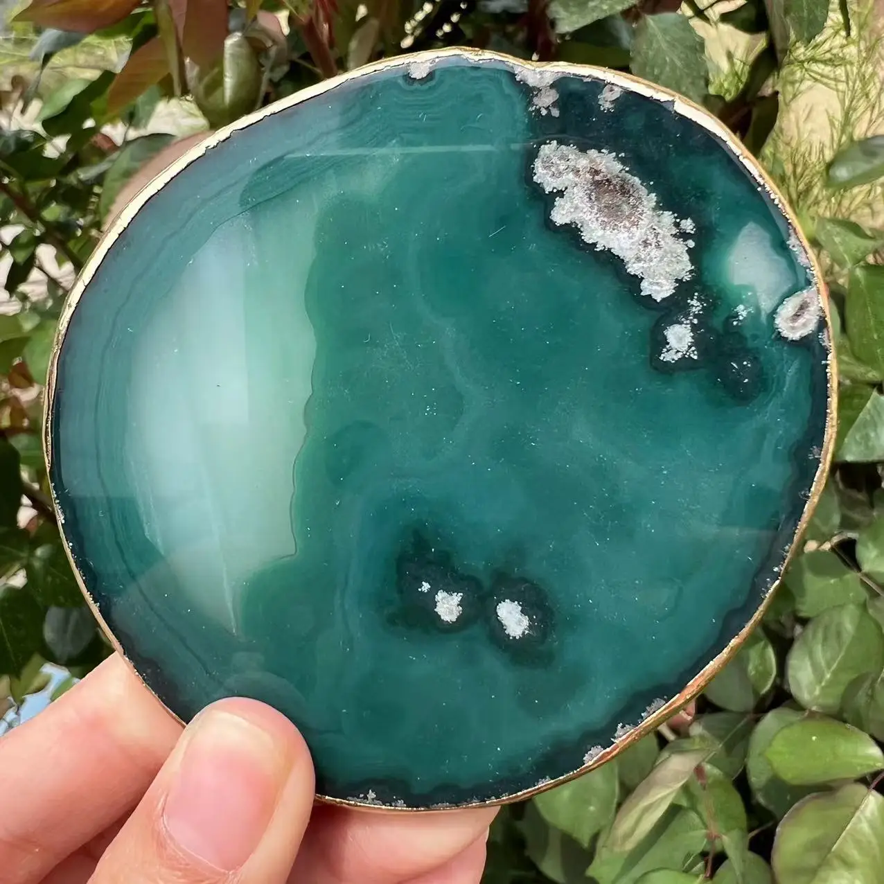 natural agate Geode piece insulated coasters crystal board jade agate coasters with gold-plated lace mineral trim 6