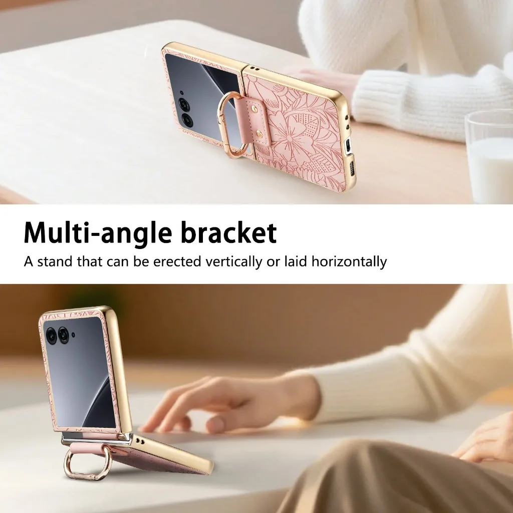 Elegant Embossed Flower PU Leather Phone Case with Ring Buckle - Shockproof & Protective Cover