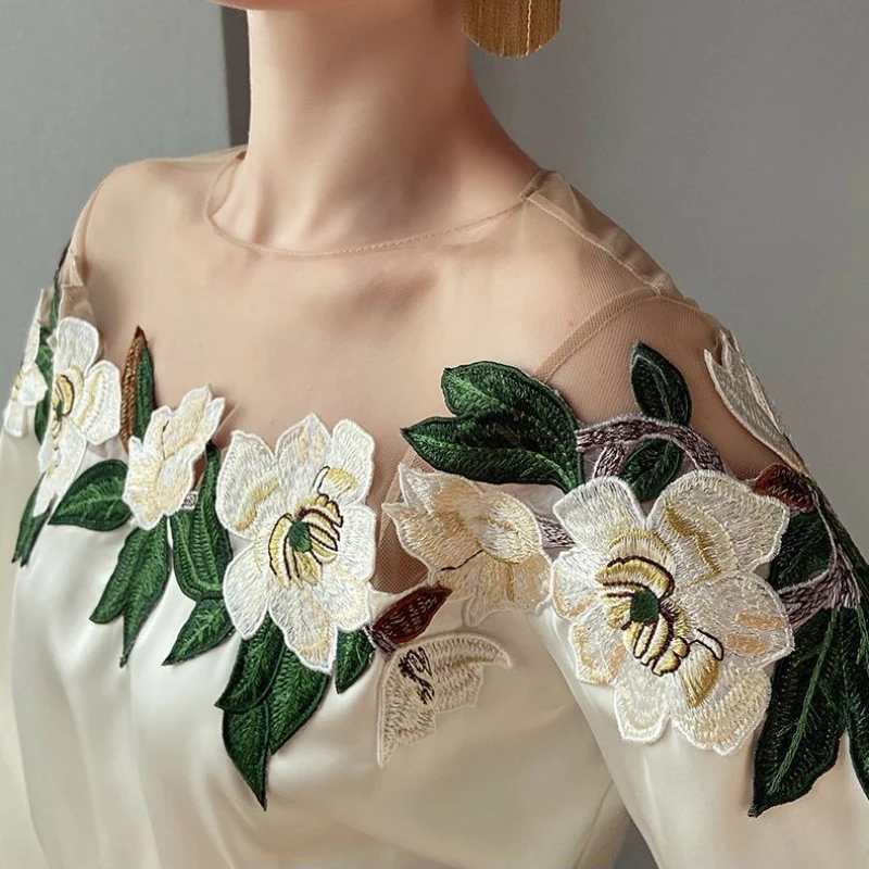 Embroidered Mesh Patchwork Blouse for Women