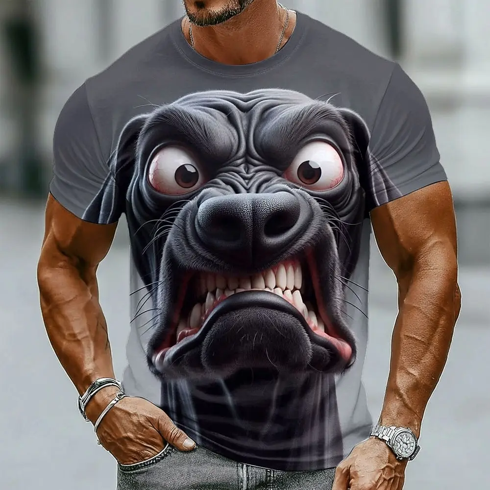 Herren 3D T-Shirt mit wütendem schwarzem Hundemotiv, realistische Tiergrafik, Rundhalsausschnitt, lässige Streetwear, Kurzarm-Shirt für Frühling & Sommer