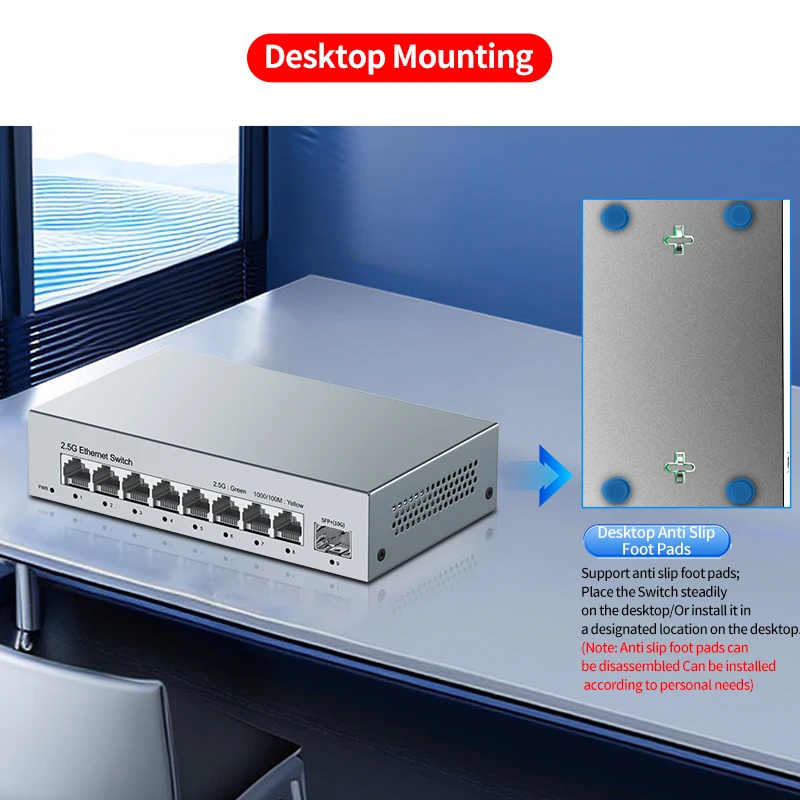 HORACO 2.5GbE Unmanaged Ethernet Switch 8 Port 2.5GBASE-T Network Switch 10G SFP+ Port Plug and Play Fanless Homelab network switch ethernet network