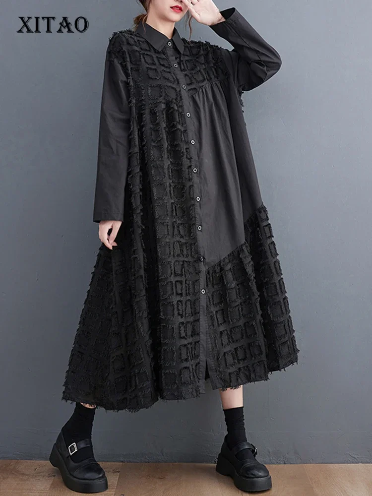 

XITAO Asymmetrical Short Tassel Shirt Dress Black Long Sleeve Loose Fashion Women Turn-down Collar Spring New Dress HQQ1232