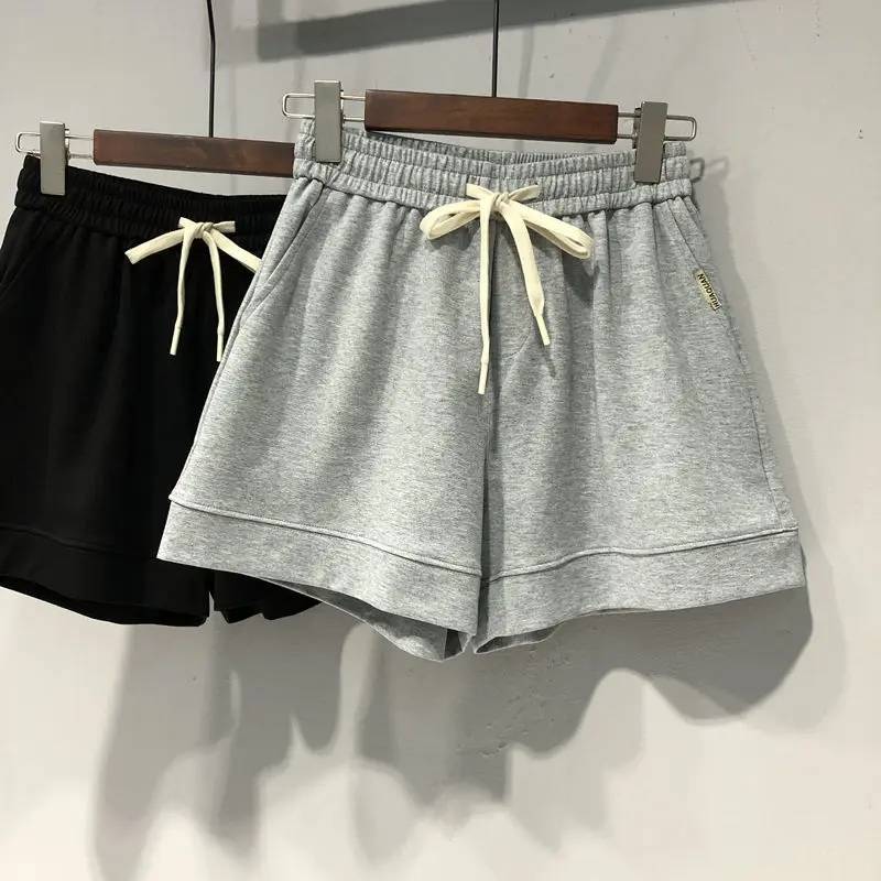 Female Loose Simplicity Solid Color Pockets Shorts Casual Fashion All-match Elastic Waist Lace Up Shorts Summer Women's Clothing
