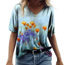 

V Neck Tshirt Women's Summer Casual Floral Print Shirt Tops Loose Vintage Female Tee Streetwear Short Sleeve Clothes Ladies