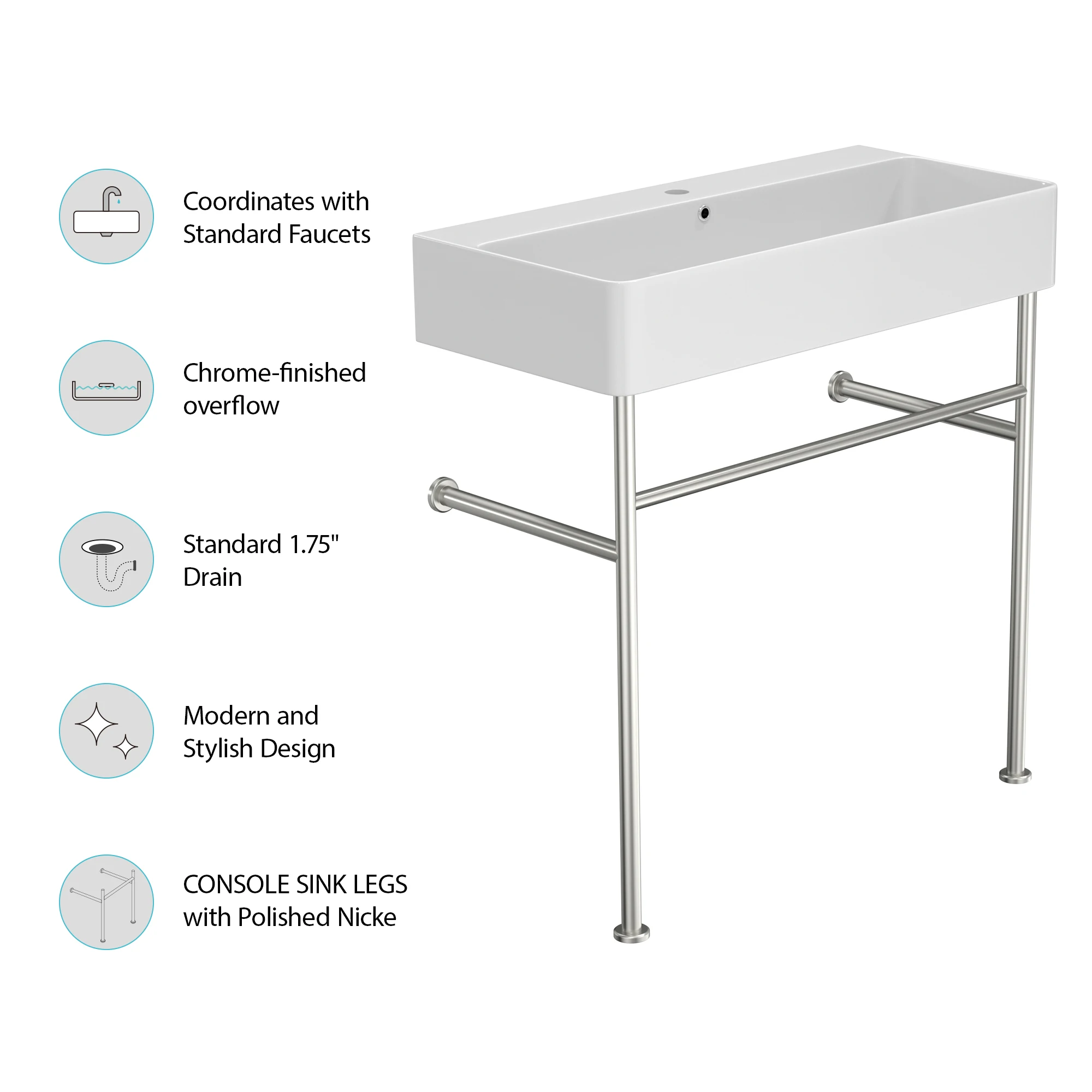 32" Bathroom Console Sink with Overflow,Ceramic Console Sink White Basin Polished Nicke Legs images - 6