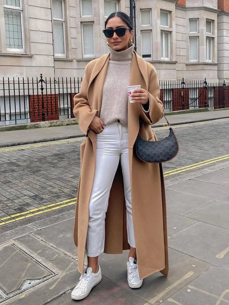 

Women's Woolen Coat With Belts Autumn Winter Turn-down Collar Split High Waist Elegant Long Jacket Female Long Sleeve Outerwear