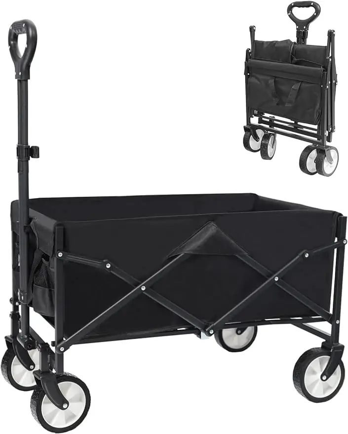 

Collapsible Folding Outdoor Utility Wagon, Beach Wagon Cart with All Terrain Wheels & Drink Holders, Portable Sports Wagon for C