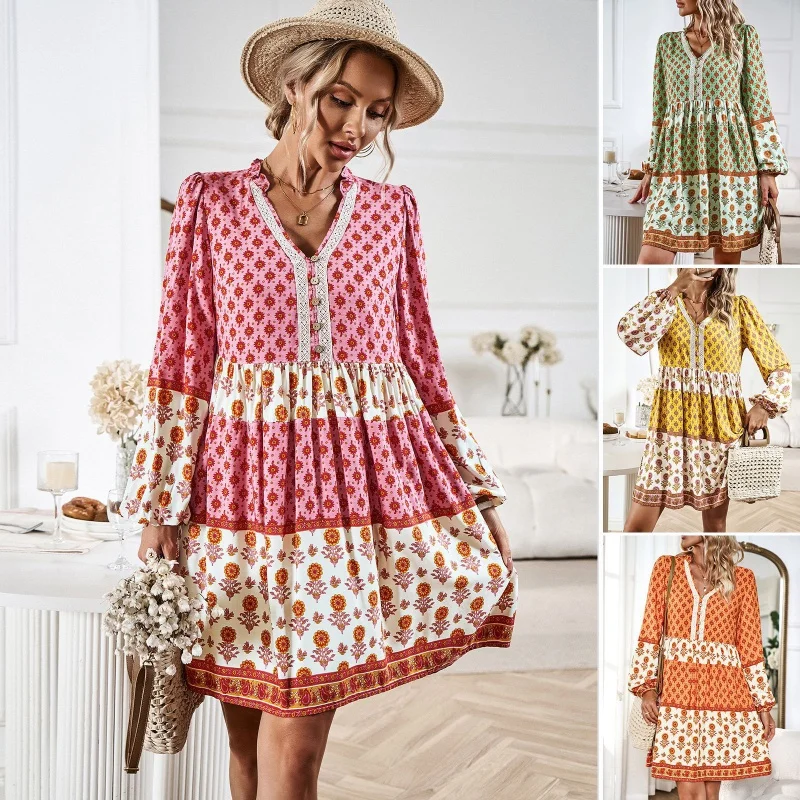 DY-Independent Station Dress Women's Autumn Vacation Leisure Bohemian Midi Dress