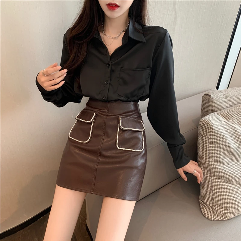 Circyy Mini Skirt Women A-Line High Waist Slim Fashion Elegant Chic Pockets Coffee Leather Skirts Spring New Office Lady Clothes