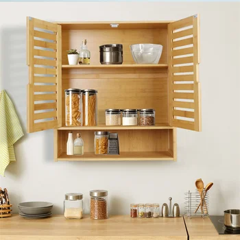 Natural Bamboo Bathroom Cabinet Wall Mounted Kitchen Cabinet Cupboard Storage Organizer 3 Tier Shelf 1