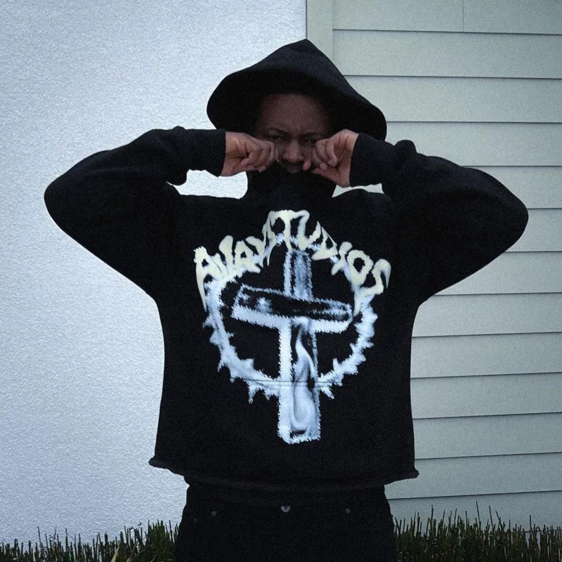 

Vintage Cross Letter Print Hoodies Y2K Harajuku Hip Hop Long-sleeved Sweatshirt Casual Fashion Unisex Gothic Graphic Streetwear