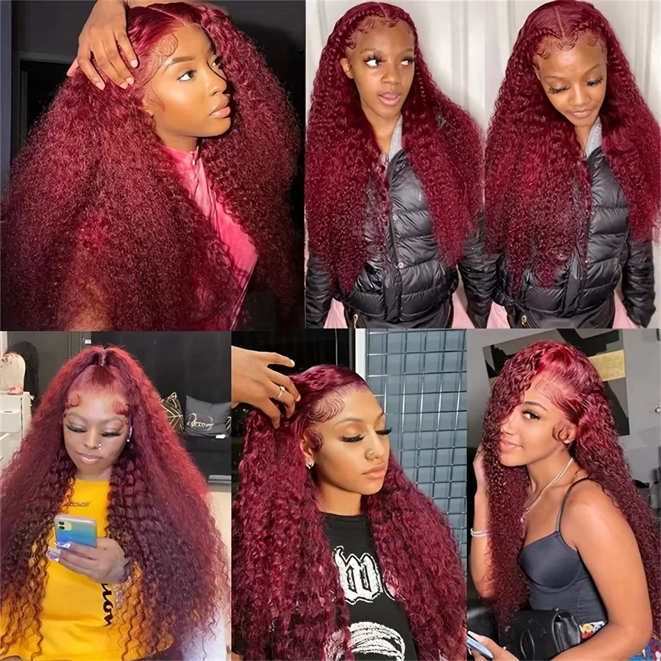 Burgundy 13x6 Hd Lace Frontal Human Hair Wig Deep Wave Curly Wigs For Women Water Wave Colored 99j Red 30 Inch Lace Front Wig
