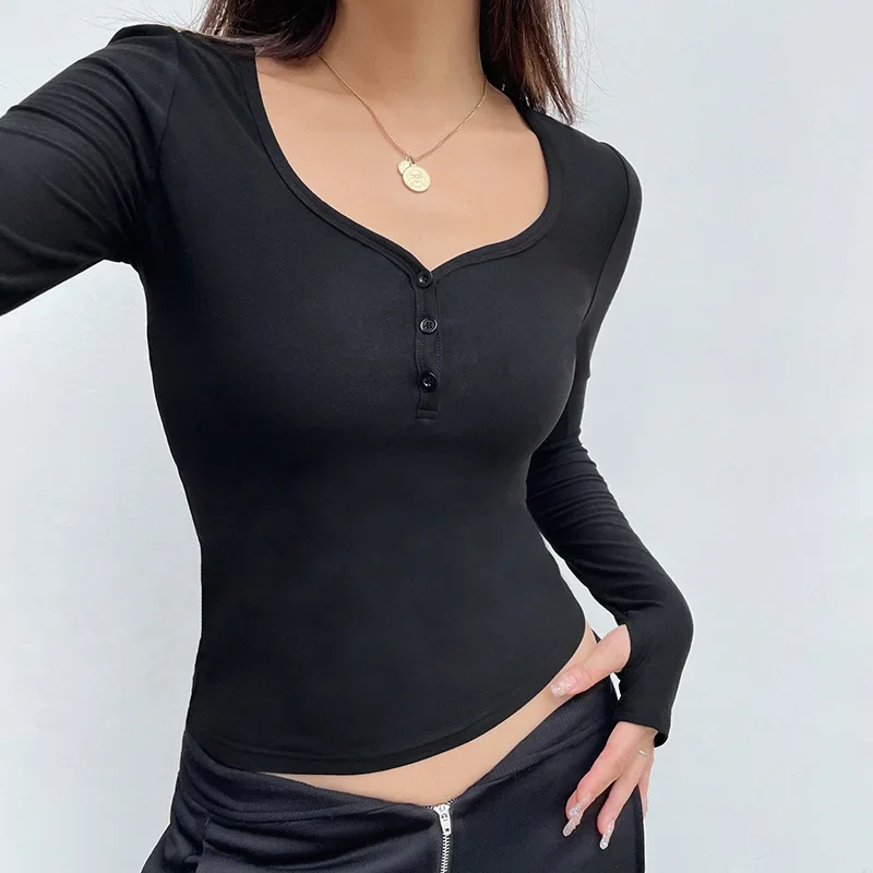 

Full Sleeve Skinny T Shirt Women Autumn Winter Basic Tees Y2k Solid Button Up Square Collar Crop Top Streetwear Clothing