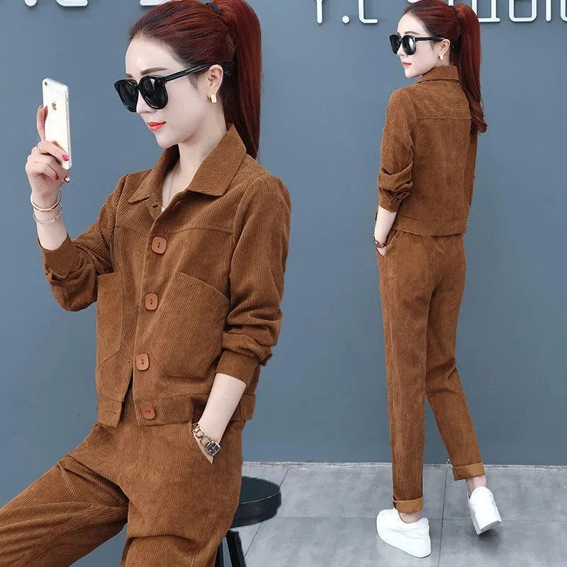 Fashion Corduroy Suit Women 2023 Spring Fall Outfits 2 Piece Set Loungewear Pants Ensemble Femme Conjuntos Classic New Tracsuits