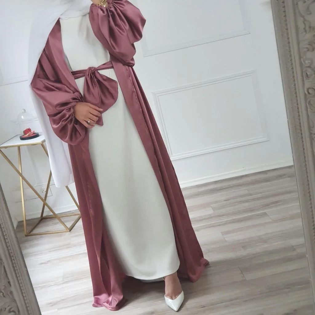 Satin Abaya Kimono Turkey Abayas for Women Dubai Muslim Fashion Hijab Dress Balloon Sleeve Islam Clothes Outfits Cardigan Kaftan