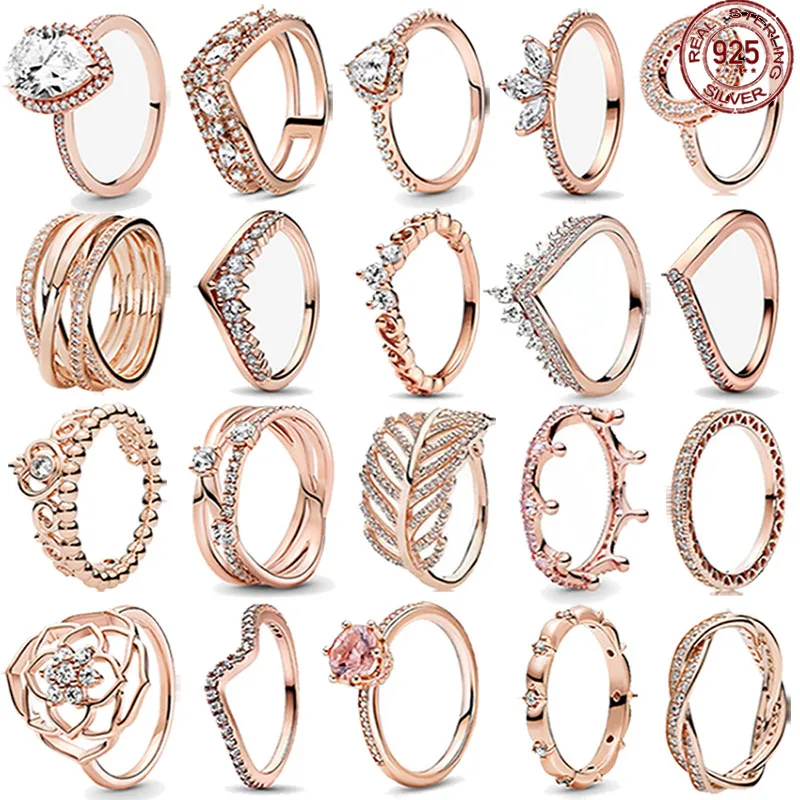 

Women's Jewelry 925 Sterling Silver Classic Rose Gold Series Shining Crown Charm Ring Couple Exquisite Gift