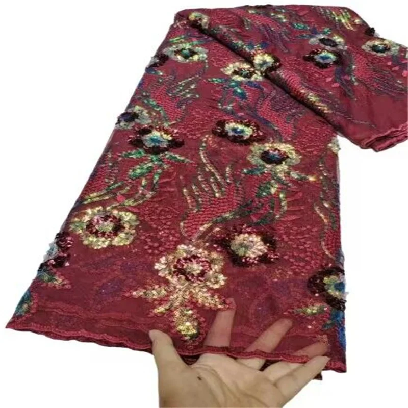 

Wine African Lace Fabric 2023 High Quality French Tulle Mesh Net gold 3D Sequins Nigerian Lace Fabrics For Wedding Sewing H99-5
