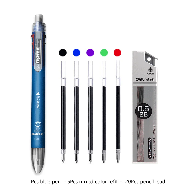 Stylo multifonction 6 en 1, stylo à bille 0.7mm, 5 couleurs et
