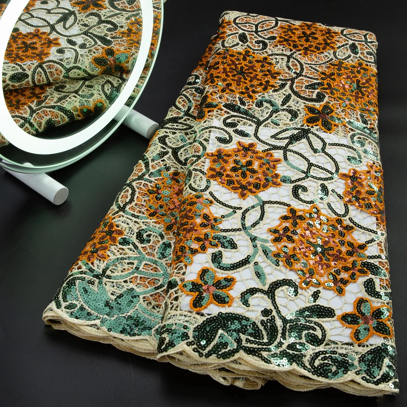 

African Luxury Net Cord Lace Fabric Nigerian Guipure Lace Sequins Fabric French Water Soluble For Women Wedding Events Sew A3318